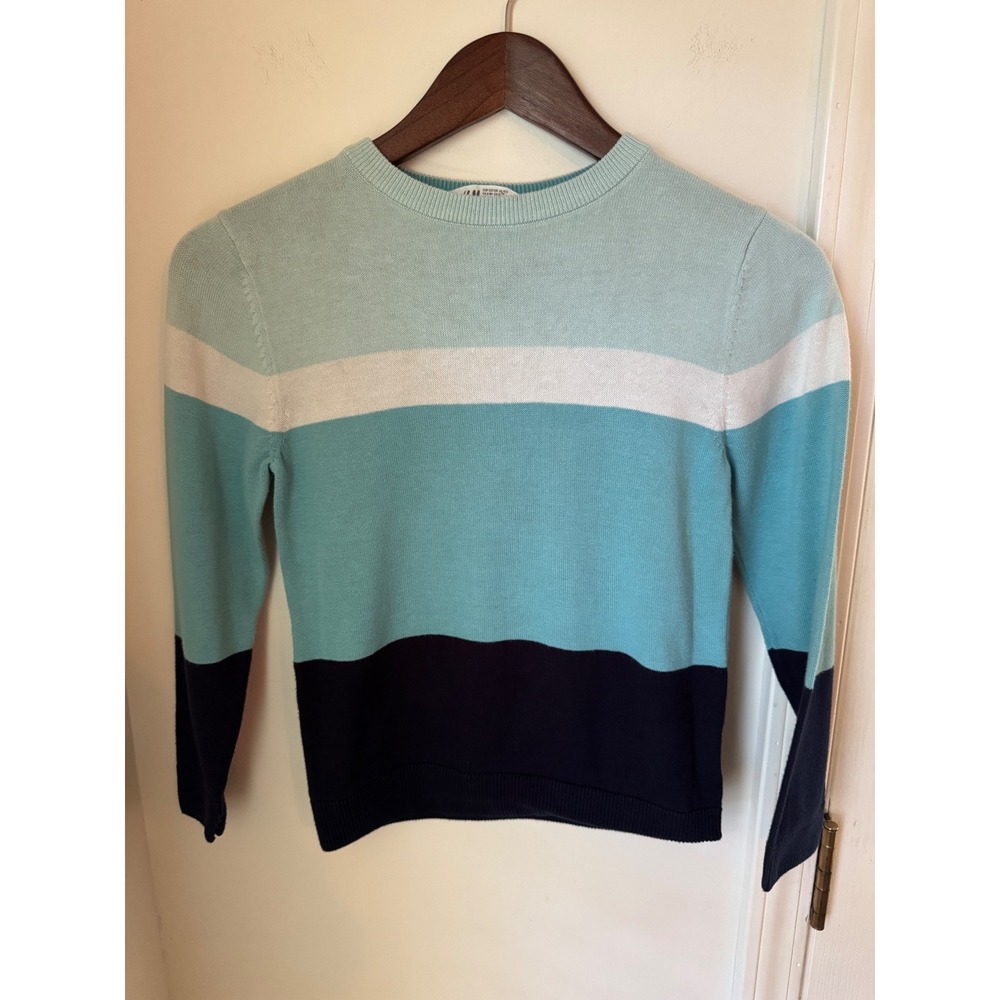 HM Kids Colorblock Sweater Mint Teal‎ Navy Blue Cotton Knit Crew Neck Size 6-7Y